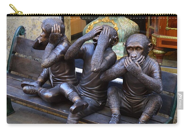 Three Monkeys Zip Pouch featuring the photograph Three Monkeys by Warren Thompson