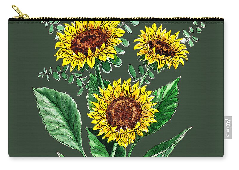 Sunflowers Design Zip Pouch featuring the painting Three Playful Sunflowers by Irina Sztukowski