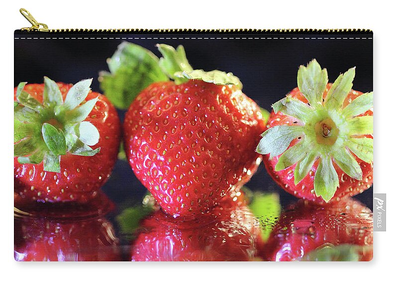 Strawberries Zip Pouch featuring the photograph Three Strawberries by Angela Murdock