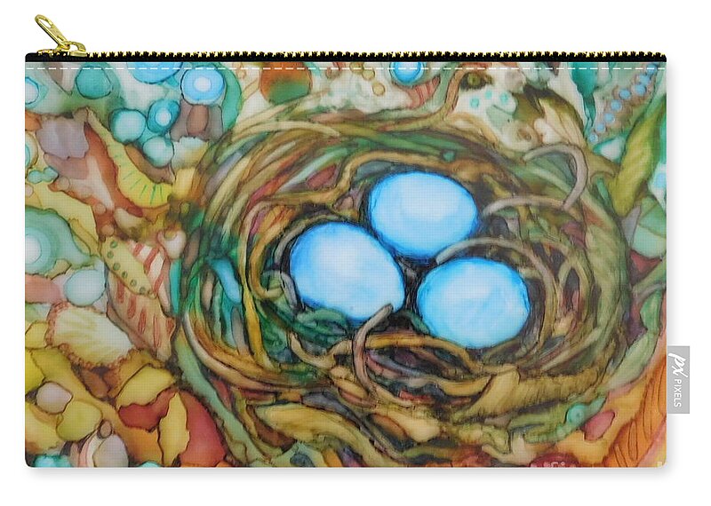 I Used Bright Alcohol Inks To Paint A Nest With Three Blue Eggs - One Of My Favorite Subjects. It Is Matted To Fit A Standard 11 X 14 Frame (actual Size 8 X 10) Zip Pouch featuring the painting Three to Get Ready by Joan Clear