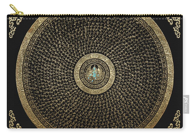'treasures Of Tibet' Collection By Serge Averbukht Carry-all Pouch featuring the digital art Tibetan Thangka - Green Tara Goddess Mandala with Mantra in Gold on Black by Serge Averbukh