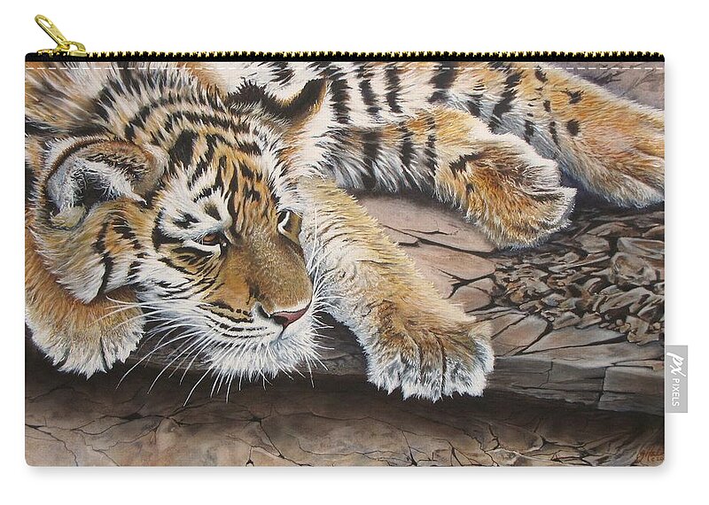 Tiger Zip Pouch featuring the painting Tiger Cub by Greg and Linda Halom