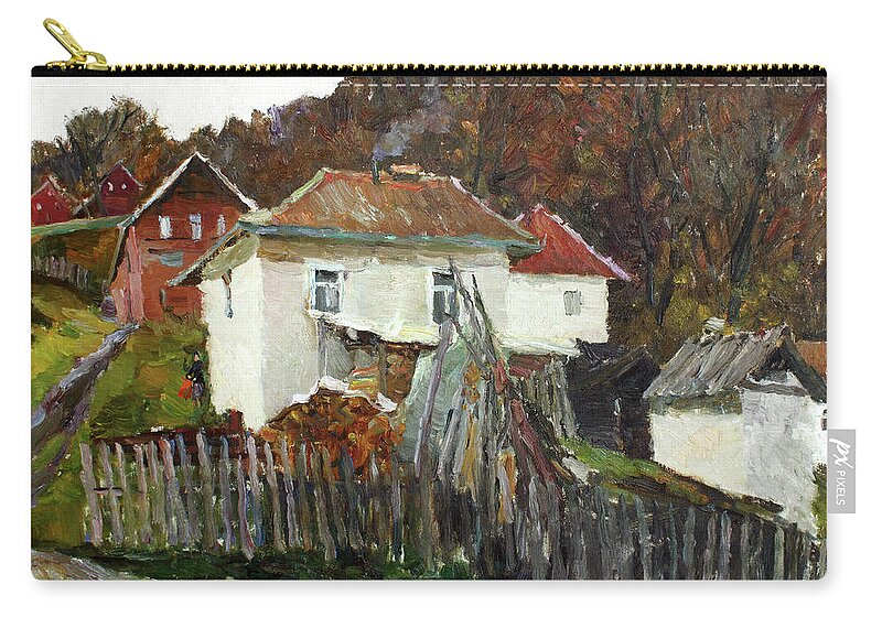 Plein Air Zip Pouch featuring the painting Time for use the stove. November in the Serbia. by Juliya Zhukova