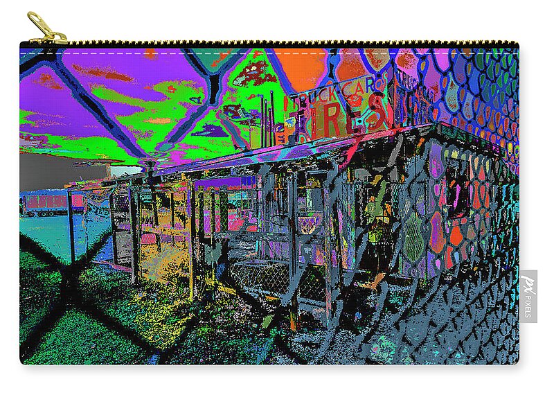 Tires And Broke Behind The Fence Zip Pouch featuring the photograph Tires And Broke Behind The Fence by Kenneth James