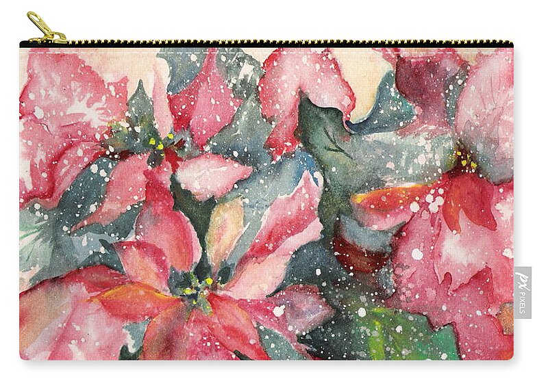 Poinsettia Red Green Holiday Winter Christmas Plant Flower Zip Pouch featuring the painting 'Tis the Season by Marsha Woods