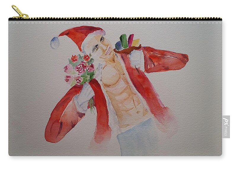 Santa Zip Pouch featuring the painting 'Tis the season Watercolor art by Geeta Yerra