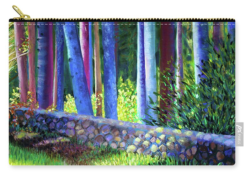Blue Trees Zip Pouch featuring the pastel To the Left of the Entrance to New Pond Farm by Polly Castor