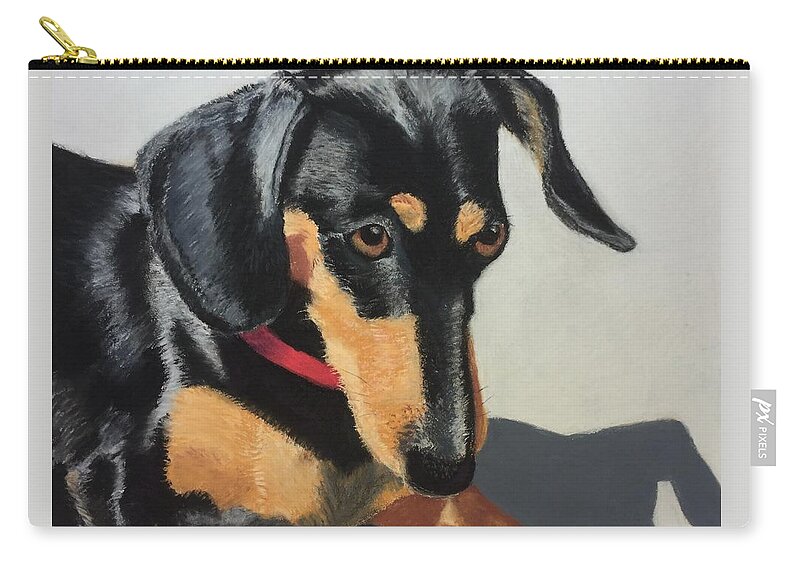 Dachshund Zip Pouch featuring the pastel Toby Sits Still by Nancy Beauchamp