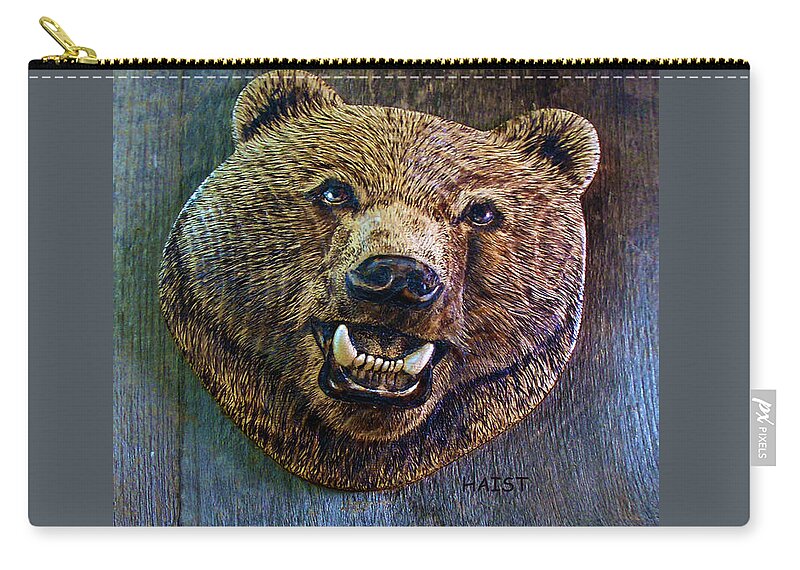 Bear Zip Pouch featuring the pyrography Together Again by Ron Haist