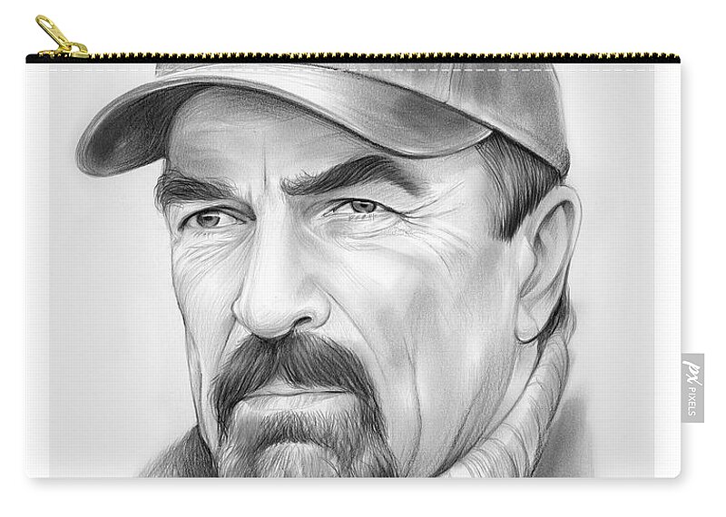 Tom Selleck Zip Pouch featuring the drawing Tom Selleck by Greg Joens