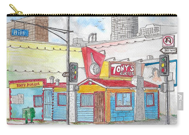 Tony Burger Zip Pouch featuring the painting Tony Burger, Downtown Los Angeles, California by Carlos G Groppa