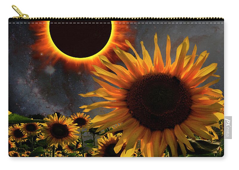 American Zip Pouch featuring the digital art Total Eclipse of the Sun Over the Sunflowers by Debra and Dave Vanderlaan