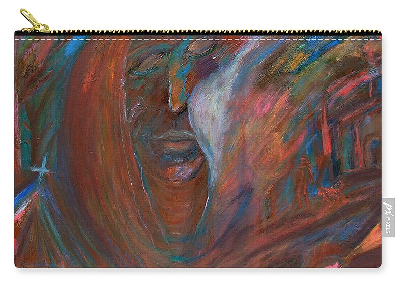 Katt Yanda Original Art Abstract Oil Painting Canvas Portrait Colorful Dream Church Cloud Softness Thoughtful Zip Pouch featuring the painting Touched by a Cloud in a Colorful Dream by Katt Yanda