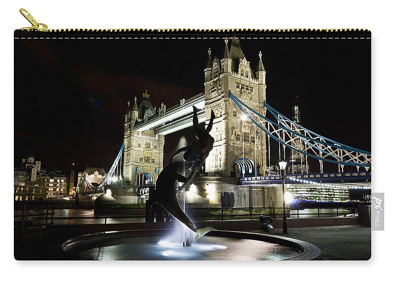 Tower Bridge Zip Pouch featuring the photograph Tower Bridge With Girl and Dolphin Statue by David Pyatt