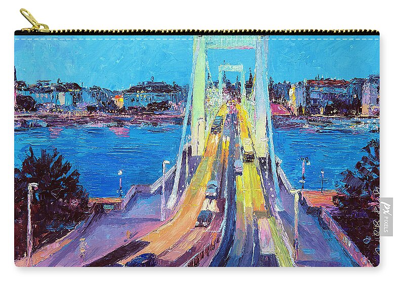 Cityscape Zip Pouch featuring the painting Traffic on Elisabeth Bridge at Dusk by Judith Barath