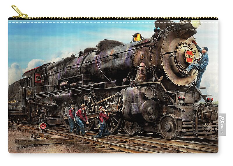 Color Zip Pouch featuring the photograph Train - Working on the railroad 1930 by Mike Savad