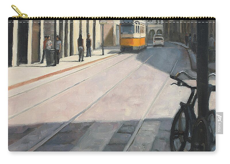 Train Zip Pouch featuring the painting Trains on time by Tate Hamilton