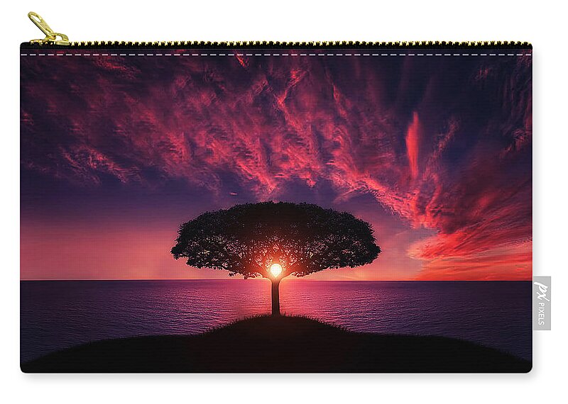 #light #rays #red #sea #sunset #tree #tree-in-sunset #print #fineart #sun #canvasprint Zip Pouch featuring the photograph Tree in sunset by Bess Hamiti