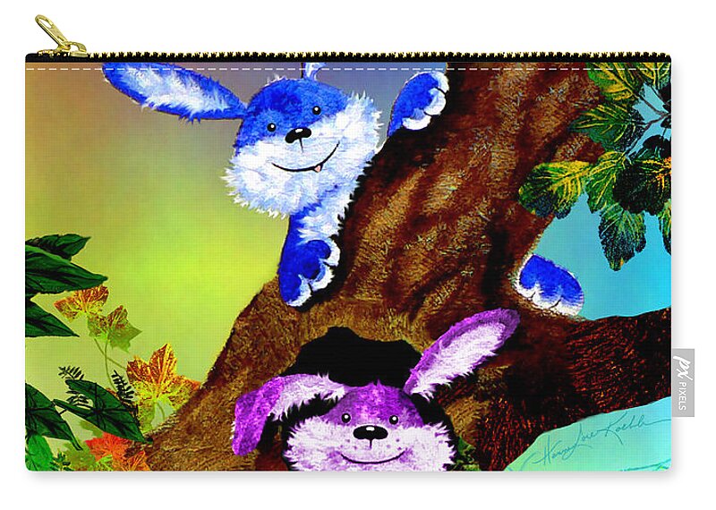 Treehouse Bunny Zip Pouch featuring the painting Treehouse Bunnies by Hanne Lore Koehler