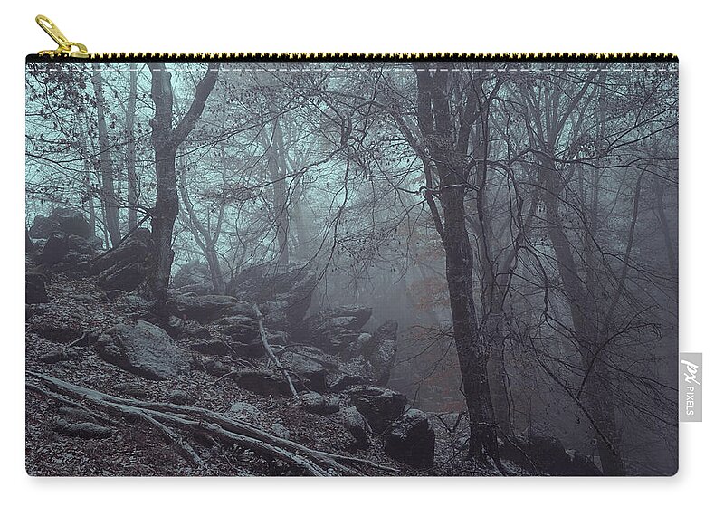 Jenny Rainbow Fine Art Photography Zip Pouch featuring the photograph Trees and Rocks in Misty Woods by Jenny Rainbow