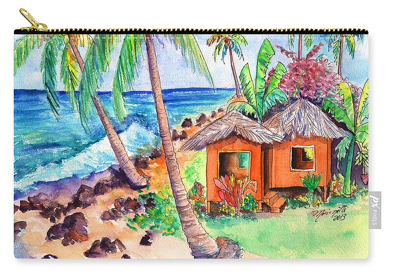 Beach Hut Zip Pouch featuring the painting Tropical Beach Hut by Marionette Taboniar