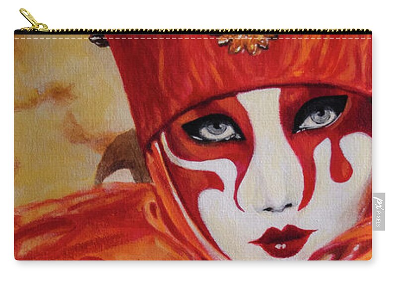  Venetian Mask Zip Pouch featuring the painting Trouble by Elaine Berger