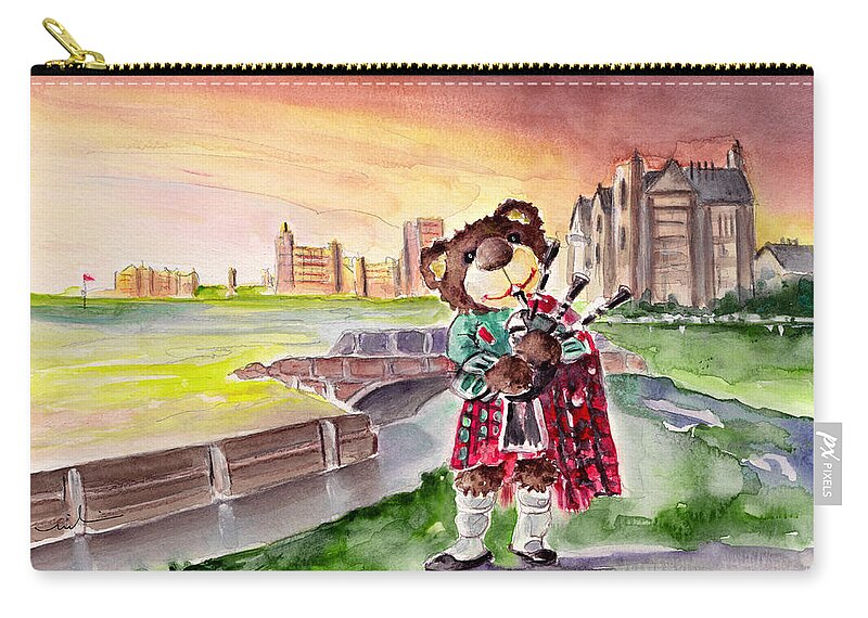 Animals Carry-all Pouch featuring the painting Truffle McFurry Playing The Bagpipes At St Andrews by Miki De Goodaboom