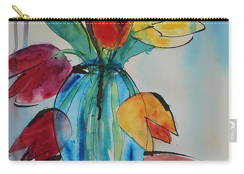 Tulips Carry-all Pouch featuring the painting Tulips in a Blue Glass Vase by Ruth Kamenev