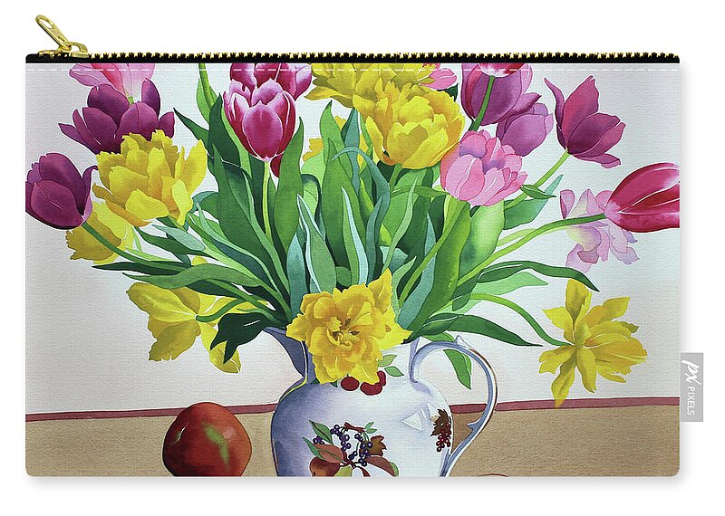 Pink Zip Pouch featuring the painting Tulips in Jug with Apples by Christopher Ryland