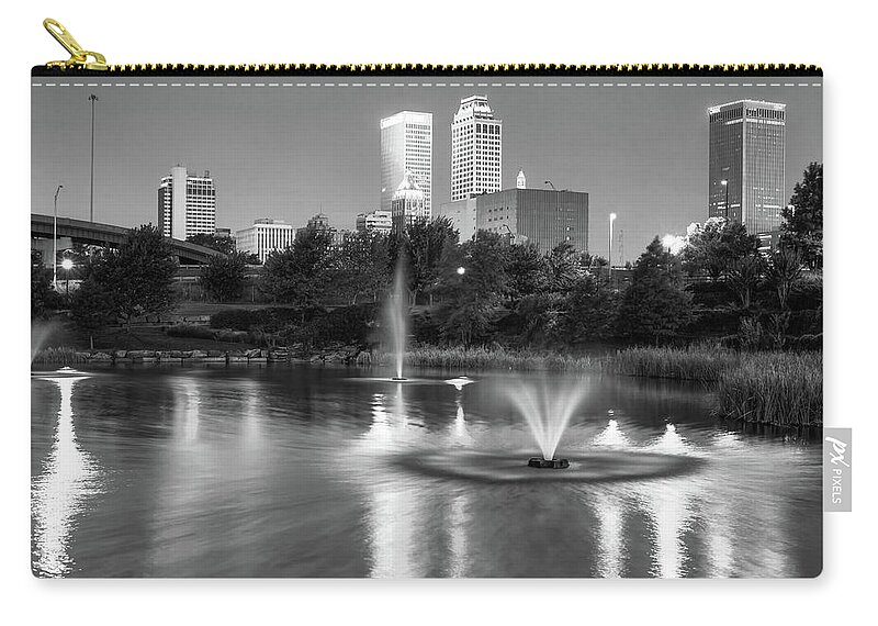Tulsa Downtown Zip Pouch featuring the photograph Tulsa Downtown Skyline Water Reflections - Black and White by Gregory Ballos