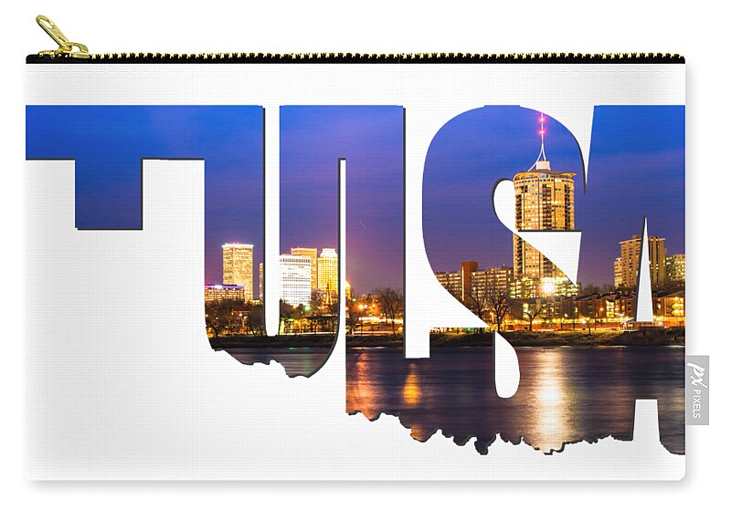 Tulsa Zip Pouch featuring the photograph Tulsa Oklahoma Typographic Letters - Riverside View Of Tulsa Oklahoma Skyline by Gregory Ballos