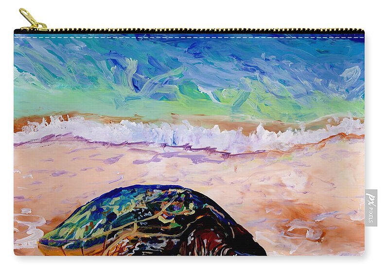 Sea Turtle Zip Pouch featuring the painting Turtle at Poipu Beach 9 by Marionette Taboniar