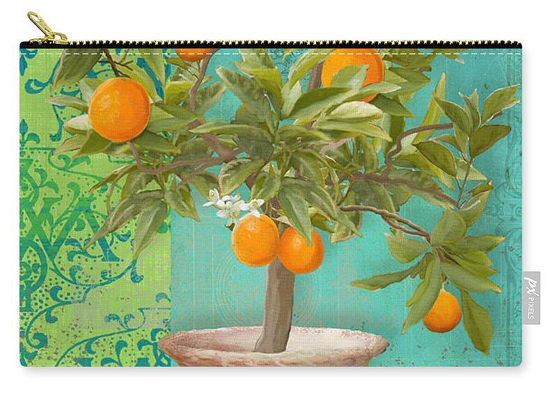 Tuscan Zip Pouch featuring the painting Tuscan Orange Topiary - Damask Pattern 2 by Audrey Jeanne Roberts