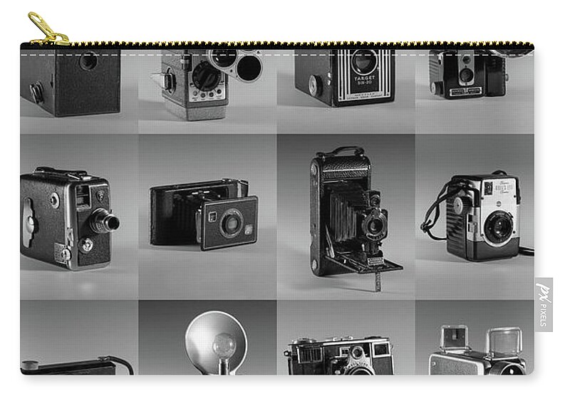 Old Camera Zip Pouch featuring the photograph Twenty Old Cameras - Black and White by Art Whitton