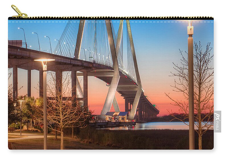 Arch Zip Pouch featuring the photograph Twilight at Arthur Ravenel Bridge by Jerry Fornarotto