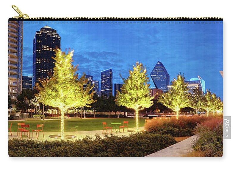 Downtown Zip Pouch featuring the photograph Twilight Panorama of Klyde Warren Park and Downtown Dallas Skyline - North Texas by Silvio Ligutti