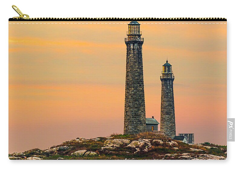Lighthouse Zip Pouch featuring the photograph Twin Lights with Morning Glow by Tim Kirchoff
