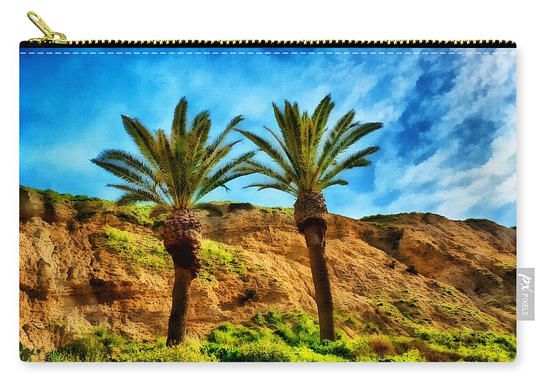 Palm Trees Zip Pouch featuring the mixed media Twin Royal Palms by Joseph Hollingsworth