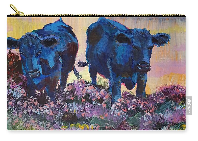 Black Cows On Dartmoor Zip Pouch featuring the painting Two Black Cows On Dartmoor by Mike Jory