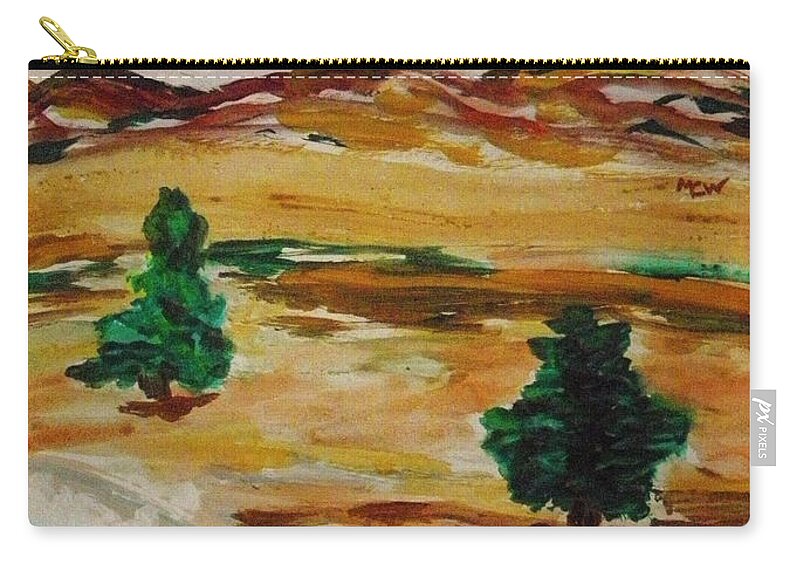 Two Cedars By The Sea Zip Pouch featuring the painting Two Cedars by the Sea by Mary Carol Williams