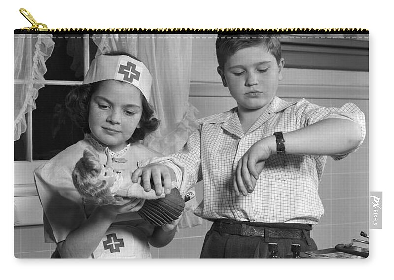 1950s Zip Pouch featuring the photograph Two Children Playing Doctor, C.1950s by H. Armstrong Roberts/ClassicStock