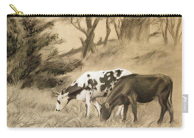Cows Zip Pouch featuring the drawing Two Cows Grazing by Jordan Henderson