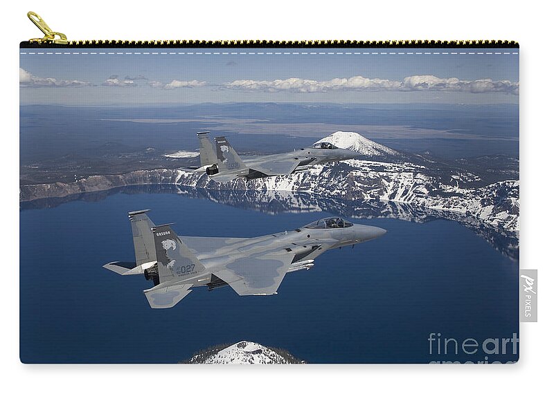 Color Image Zip Pouch featuring the photograph Two F-15 Eagles Fly Over Crater Lake by HIGH-G Productions