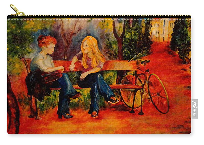 Two Girls Zip Pouch featuring the painting Two Girls with a Byke by Dagmar Helbig