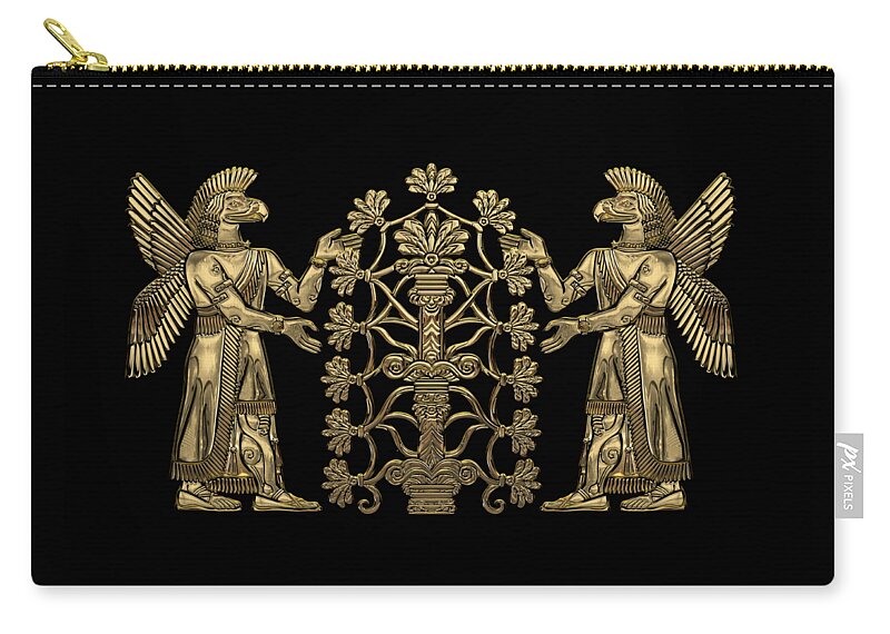 ‘treasures Of Mesopotamia’ Collection By Serge Averbukh Carry-all Pouch featuring the digital art Two Instances of Gold God Ninurta with Tree of Life over Black Canvas by Serge Averbukh