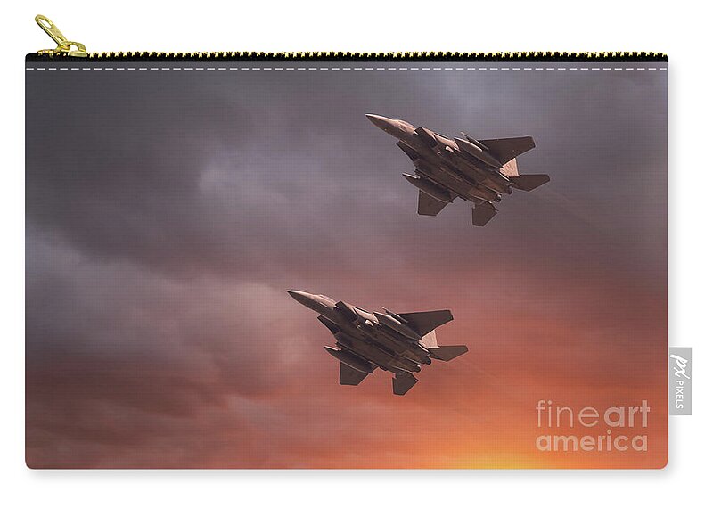 Usaf Carry-all Pouch featuring the photograph Two low flying F-15E Strike Eagles at sunset by Simon Bratt