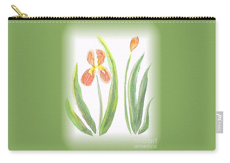 Art Carry-all Pouch featuring the painting Two Orange Iris green frame by Delynn Addams