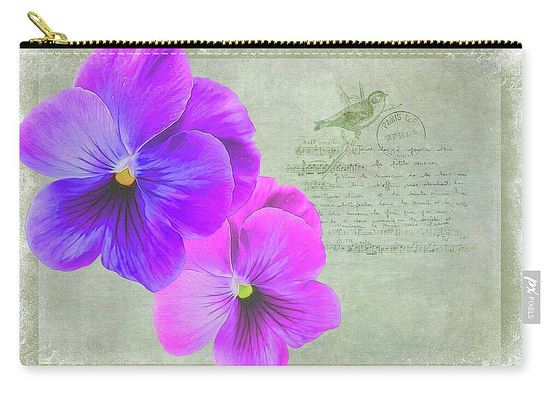 Pink Carry-all Pouch featuring the photograph Two Pansies by Cathy Kovarik