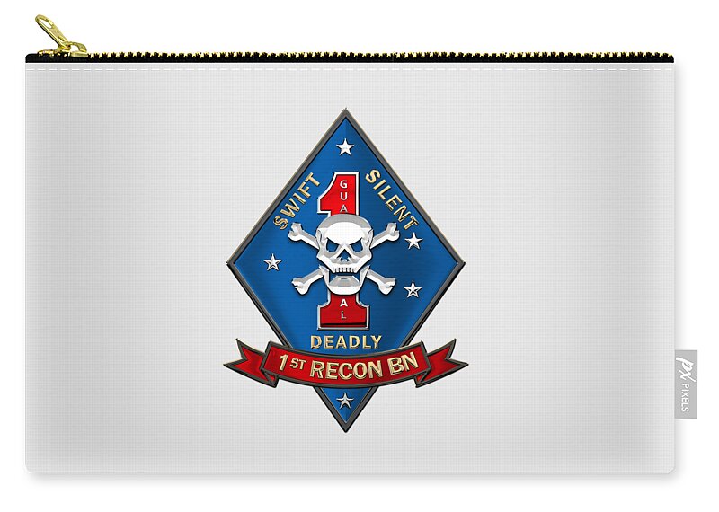 'military Insignia & Heraldry' Collection By Serge Averbukh Zip Pouch featuring the digital art U S M C 1st Reconnaissance Battalion - 1st Recon Bn Insignia over White Leather by Serge Averbukh
