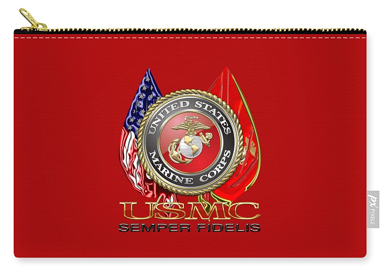 'military Insignia & Heraldry 3d' Collection By Serge Averbukh Zip Pouch featuring the digital art U. S. Marine Corps U S M C Emblem on Red by Serge Averbukh
